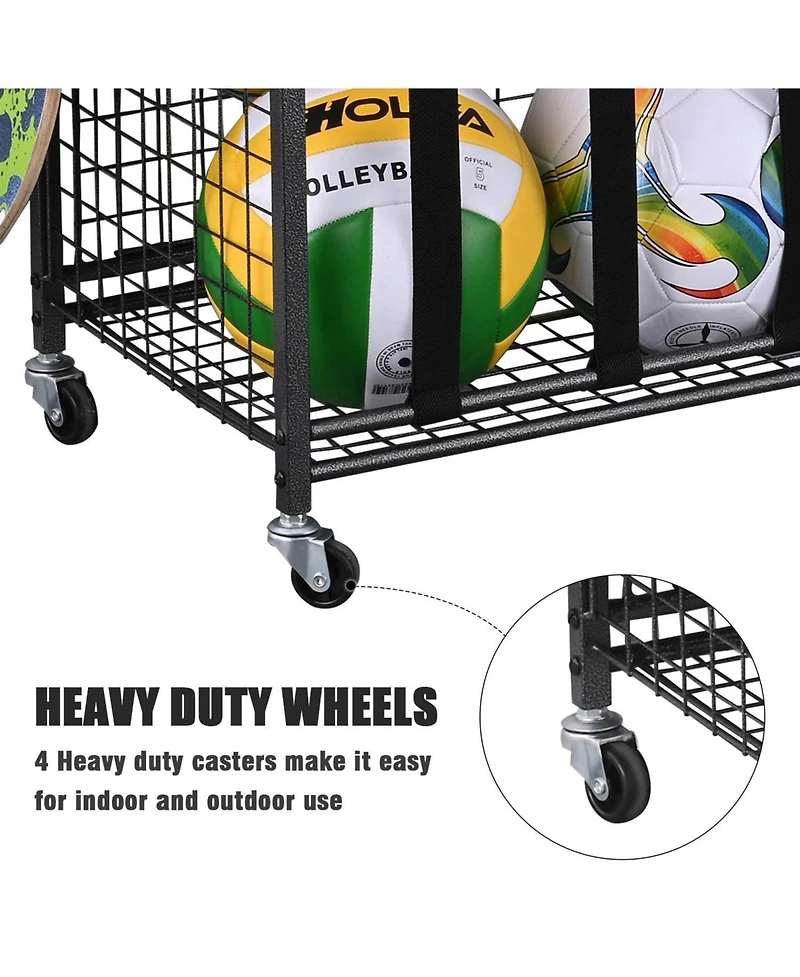 Mythinglogic Sports Organizers Rack with Wheels for Garage, Large Capacity Sports Equipment Storage Rack