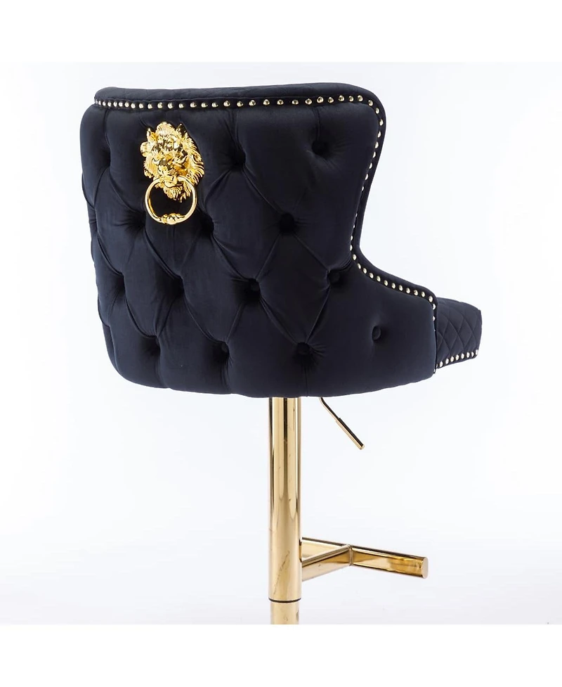 Velvet Adjustable Bar Stool with Tufted Backrest Lion Head Ring and Gold Metal Base for Kitchen Island Dining Room or Home Bar Set of 1-The Pop Home
