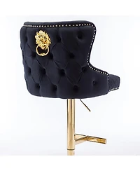 Velvet Adjustable Bar Stool with Tufted Backrest Lion Head Ring and Gold Metal Base for Kitchen Island Dining Room or Home Bar Set of 1-The Pop Home
