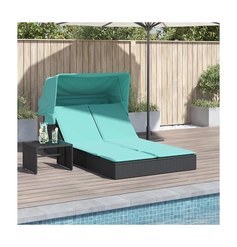 Double Sun Lounger with Canopy and Cushions Poly Rattan