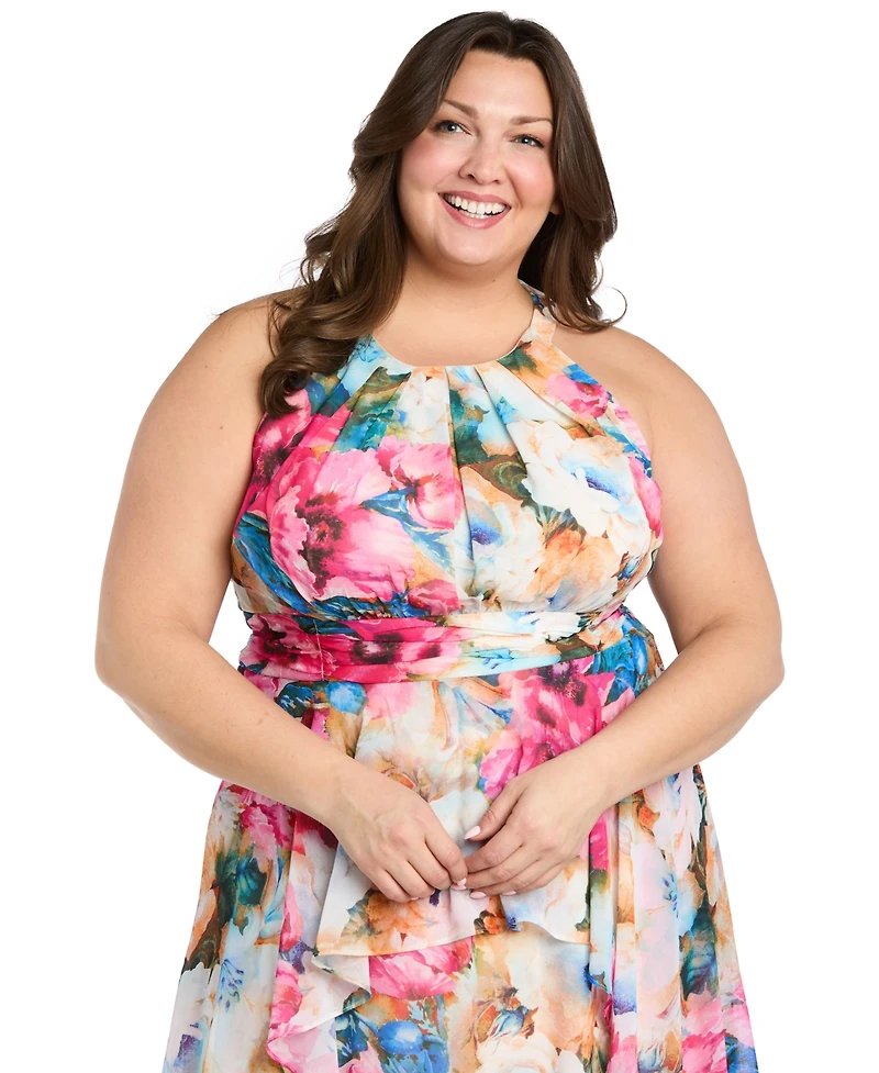 R & M Richards Plus Printed Halter-Neck Sleeveless Gown