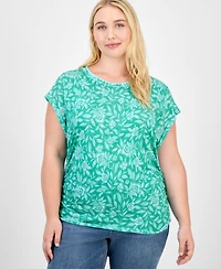 Democracy Trendy Plus Printed Side-Shirred Cap-Sleeve Top