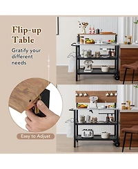 Rolling Bar Cart with Flip-up Table and Hooks for Kitchen