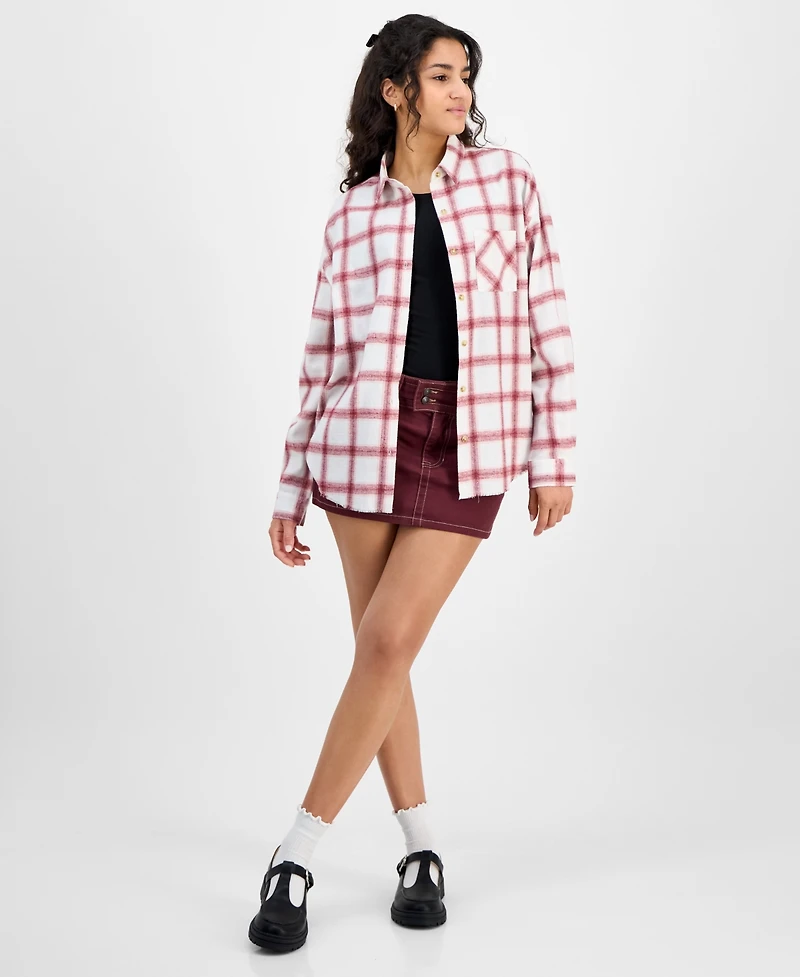 Just Polly Juniors' Girlfriend Frayed-Hem Plaid Shirt