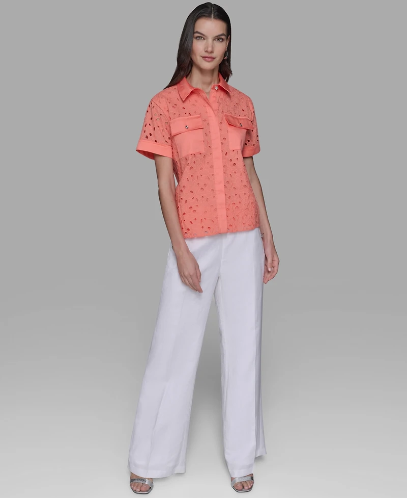 Karl Lagereld Paris Petite Eyelet Button-Front Blouse