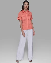 Karl Lagereld Paris Petite Eyelet Button-Front Blouse