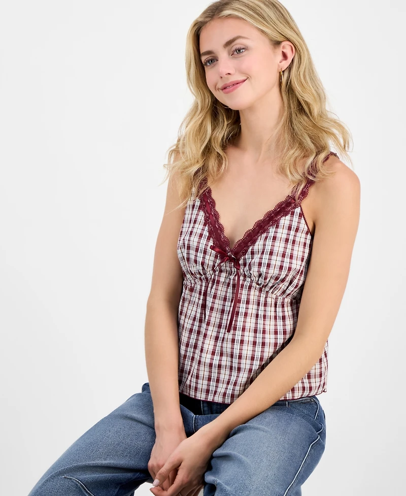 Madden Girl Juniors' Plaid Ribbon Babydoll Tank