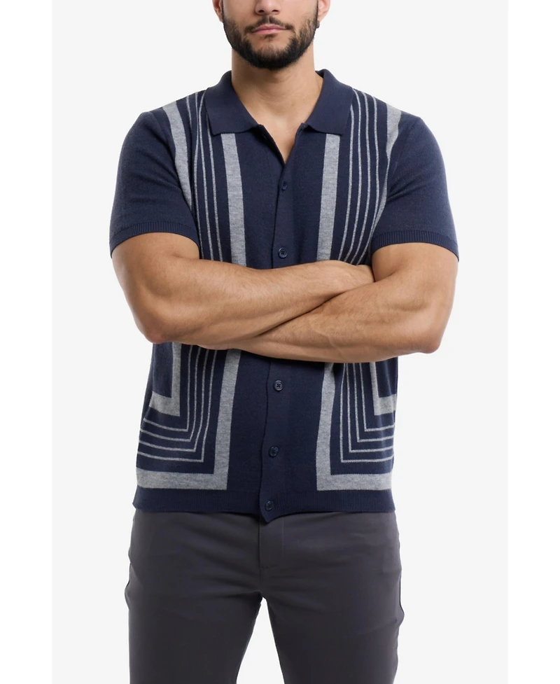 Spring + Mercer Men's Stripe Short Sleeve Sweater Polo Shirt