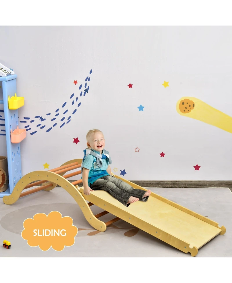 3-in-1 Wooden Climber Ladder Structure with Rock Climbing Ramp and Padding