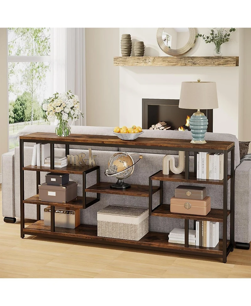 Tribesigns 70.87" Console Tables for Living Room, 5-Tier Narrow Long Sofa Tables with Open Storage Shelves, Rustic Entryway Tables with Metal Fra