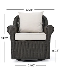 Dark Brown Swivel Faux Rattan Outdoor Patio Lounge Chair with Beige Cushions