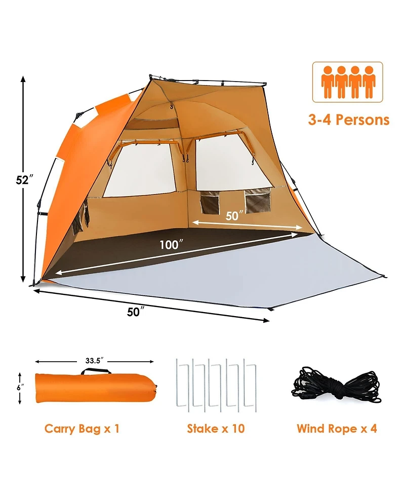 3-4 Person Easy Pop Up Beach Tent Upf 50+ Portable Sun Shelter