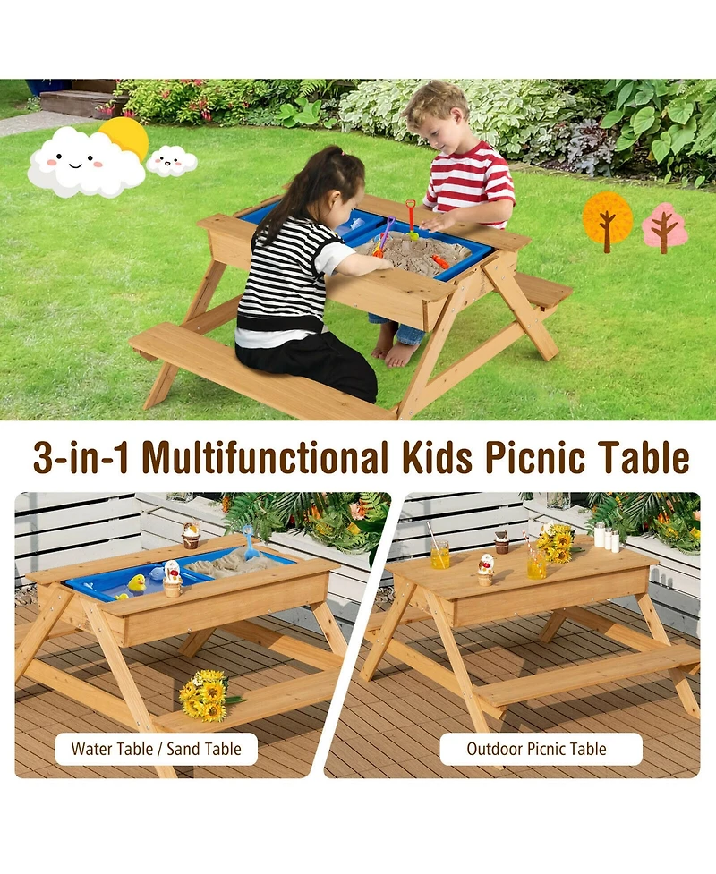 Gymax 3 in 1 Kids Picnic Table Wooden Outdoor Water Sand Table w/ Play Boxes