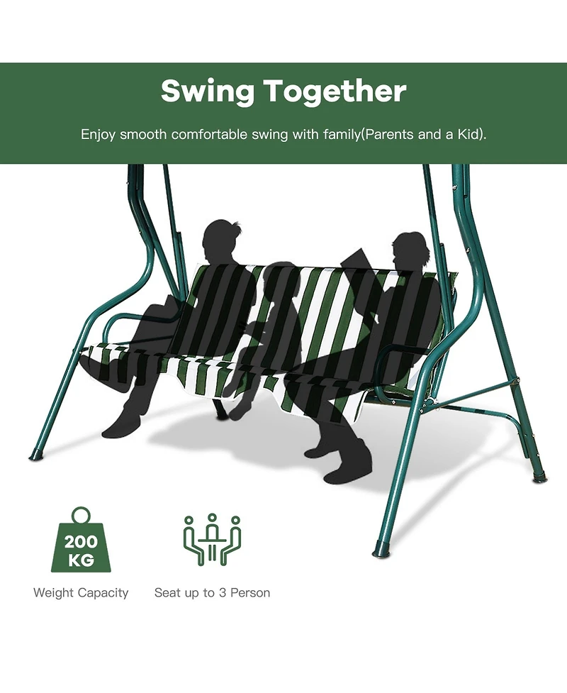 3 Seat Outdoor Patio Canopy Swing with Cushioned Steel Frame
