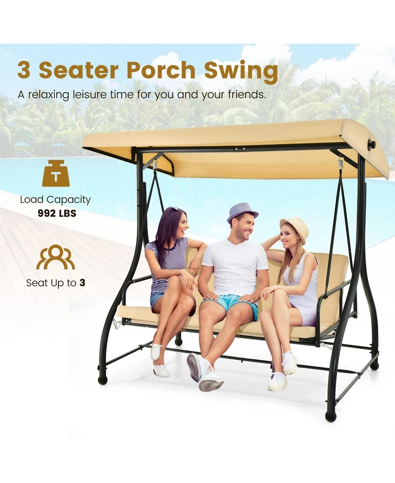 3 Seat Outdoor Porch Swing with Adjustable Canopy
