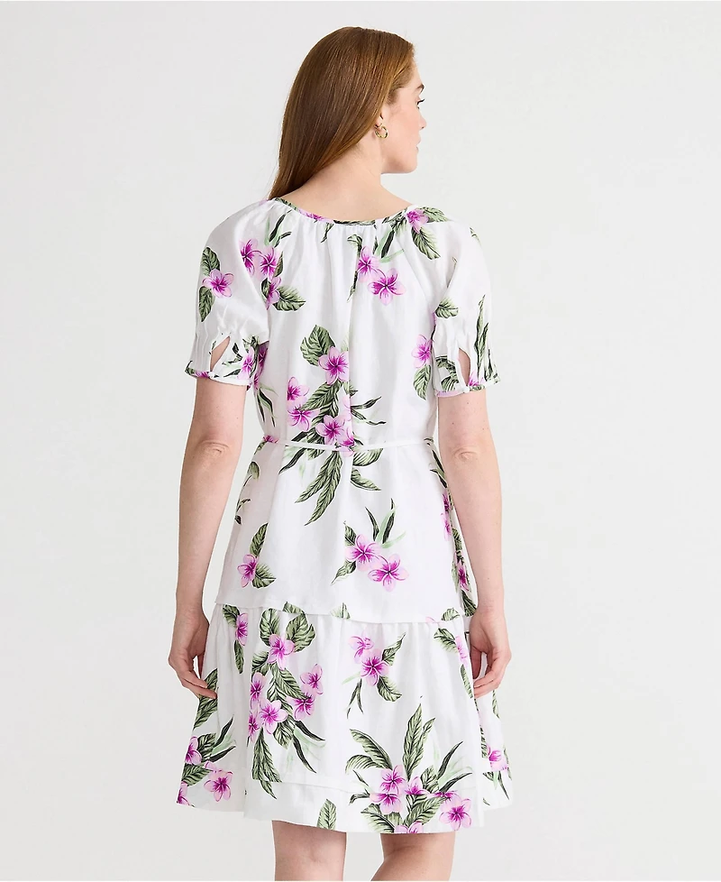 Lands' End Women's Puff Sleeve Pleated Linen Knee Length Dress