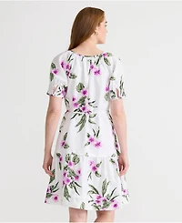 Lands' End Women's Puff Sleeve Pleated Linen Knee Length Dress