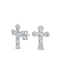 Bling Jewelry Catholic Crucifix Cross Stud Earrings - Sterling Silver Communion Gift