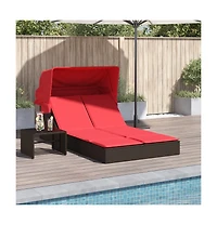 Double Sun Lounger with Canopy and Cushions Brown Poly Rattan