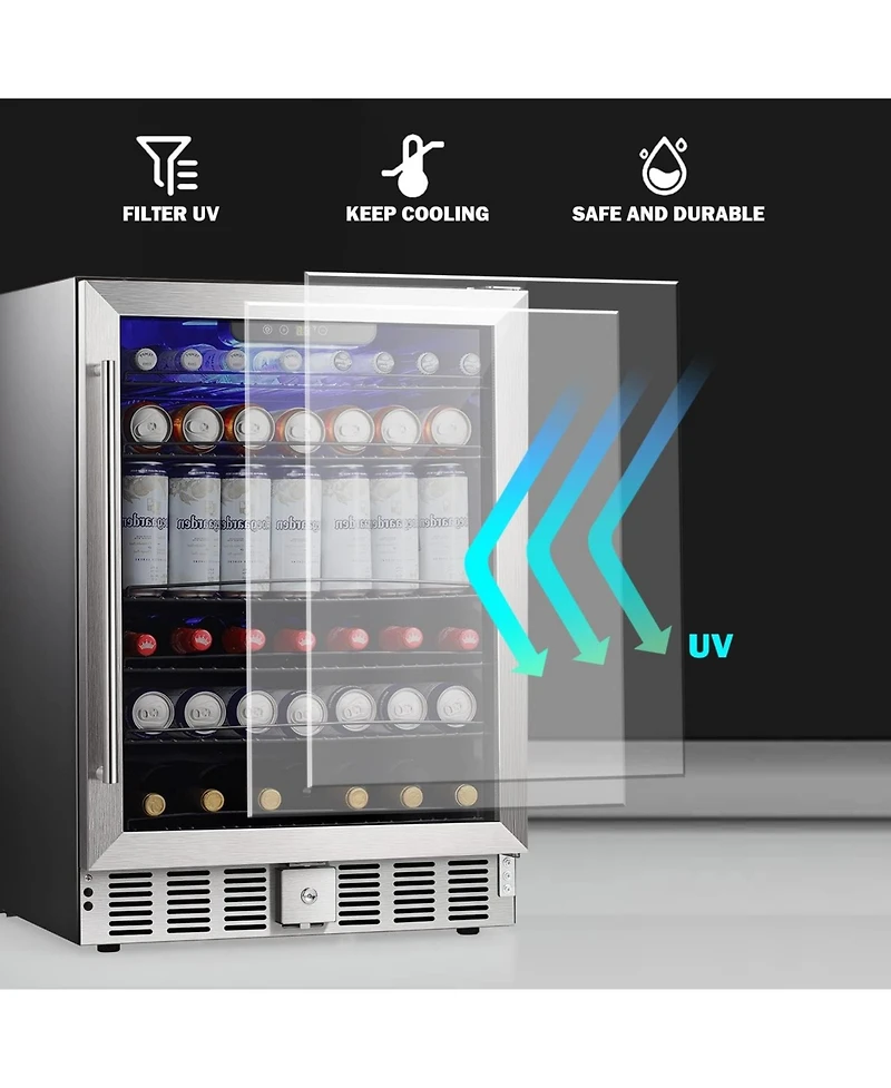Cowsar 24" Wine Refrigerator, 5.1 Cu.Ft Beverage Cooler, Under Counter Stainless Steel Beverage Cooler with Glass Door