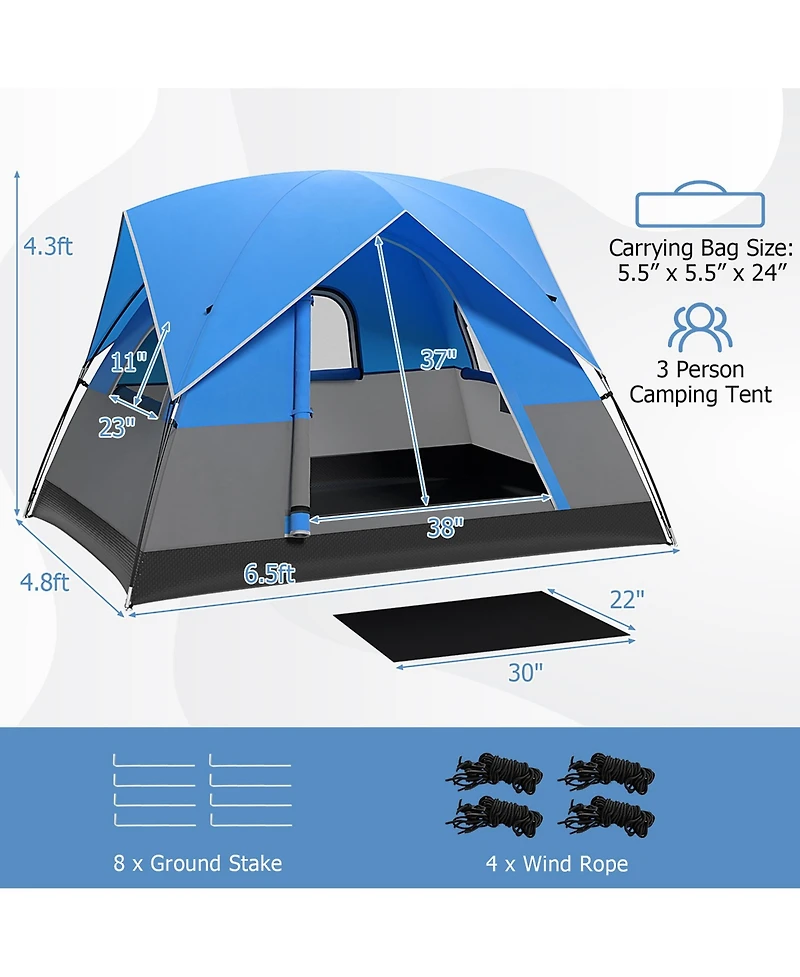 Gymax Camping Tent for 2-3 People Waterproof & Windproof Family Dome Tent w/ Rainfly