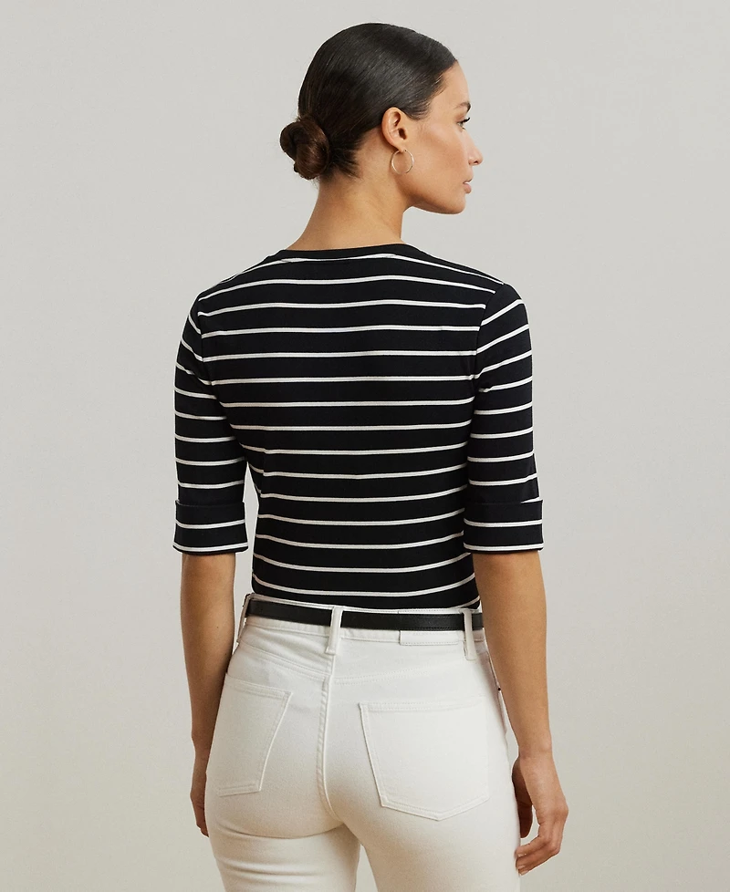 Lauren Ralph Women's Striped Cotton Elbow-Sleeve V-Neck Tee