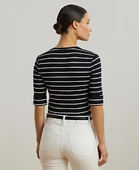 Lauren Ralph Women's Striped Cotton Elbow-Sleeve V-Neck Tee