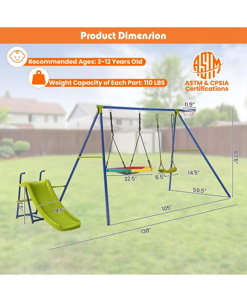 4-in-1 Heavy-Duty Metal Playset with Slide and Basketball Hoop