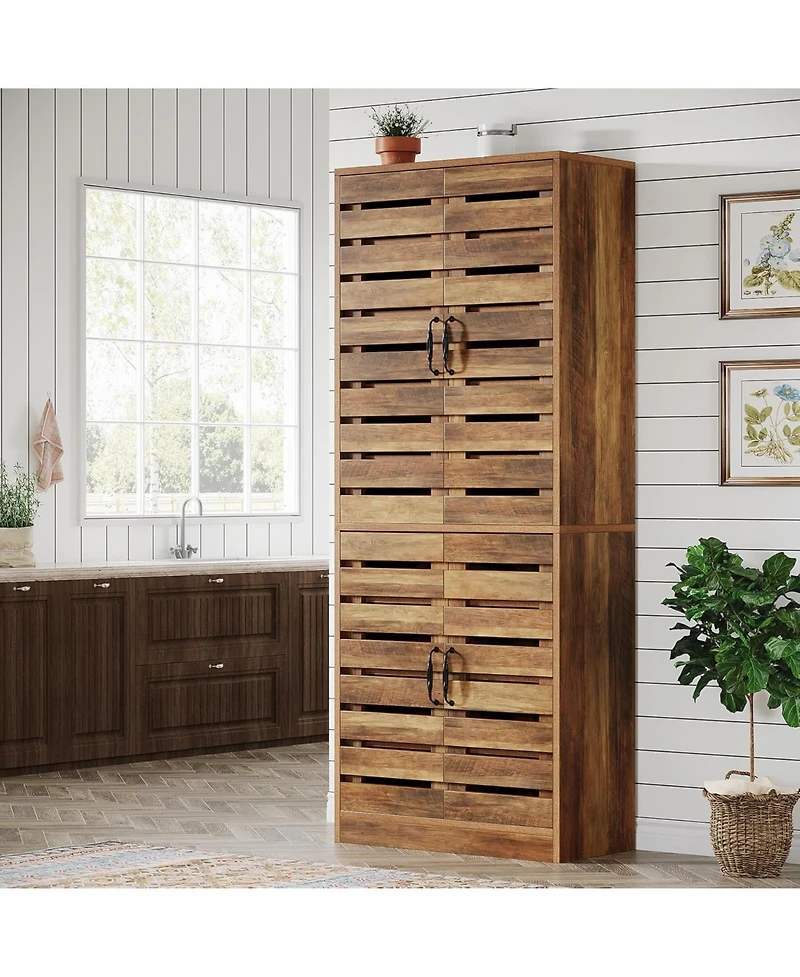 Tribesigns 70.8" Tall Farmhouse Storage Cabinet, 9-Tier with Adjustable Shelves and 2 Shutter Doors, Rustic Brown for Kitchen, Dining Room
