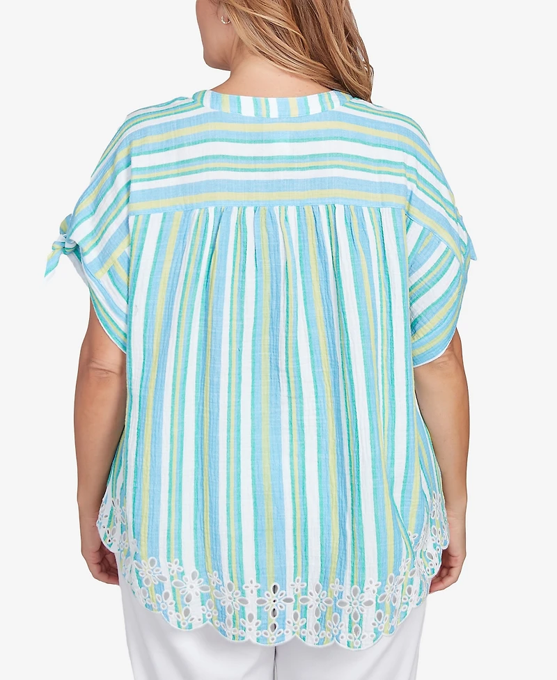 Ruby Rd. Plus Scalloped Stripe Embroidered Tie Sleeve Top