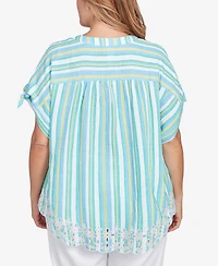 Ruby Rd. Plus Scalloped Stripe Embroidered Tie Sleeve Top