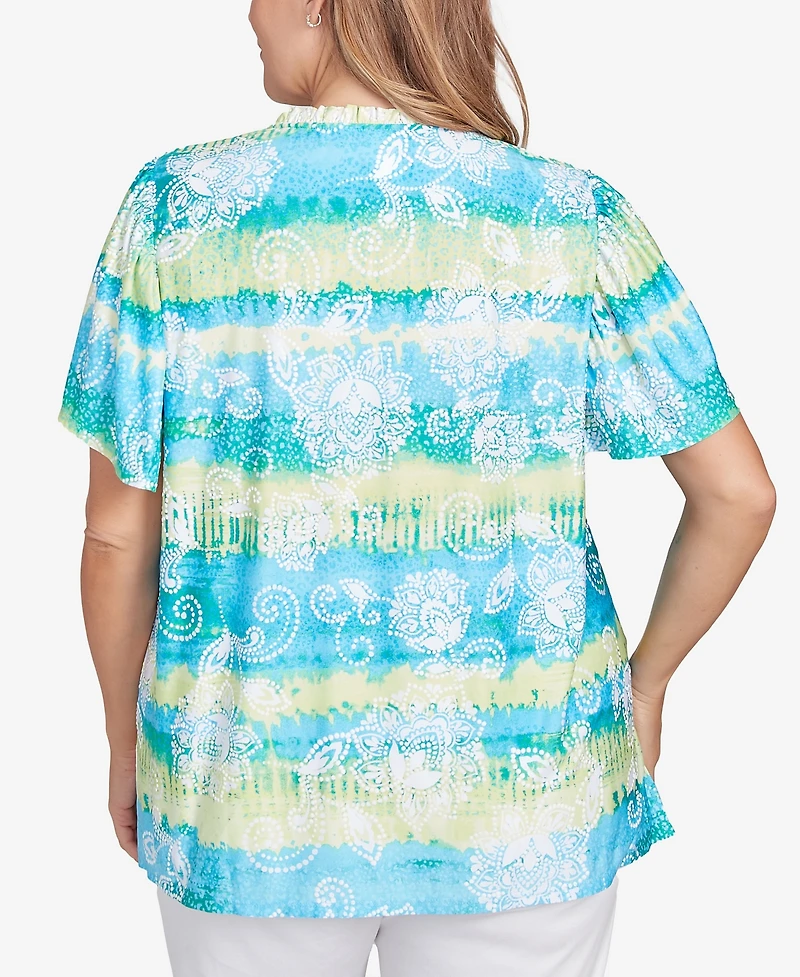 Ruby Rd. Plus Batik Embroidered Tie Dye Puff Print Top