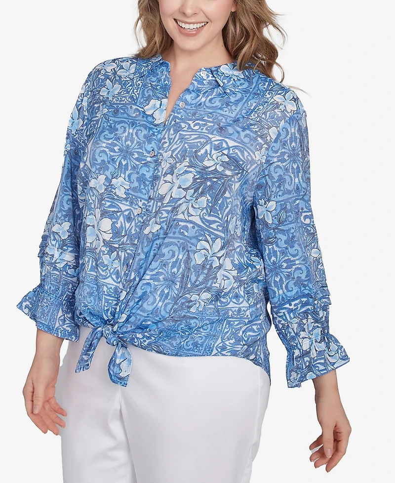 Ruby Rd. Plus Size Silky Floral Tile Button Tie Front Top