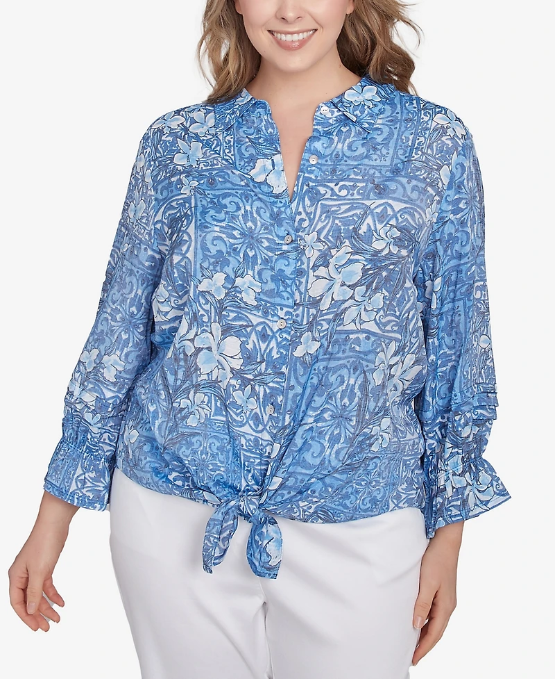 Ruby Rd. Plus Size Silky Floral Tile Button Tie Front Top