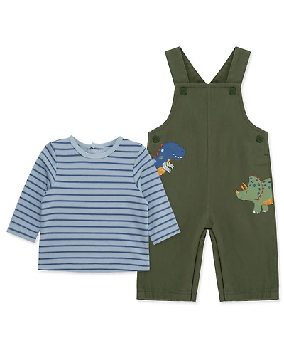 Little Me Baby Boys Cotton Striped T-Shirt & Dino Overalls Set