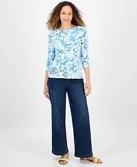Style & Co Petite Floral Print Pima Cotton 3/4-Sleeve Top, Exclusively at Macy's