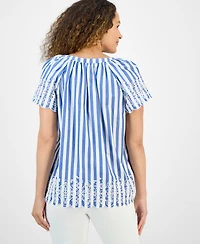 Style & Co Petite Eyelet Embroidered Cotton Flutter-Sleeve Top, Exclusively at Macy's