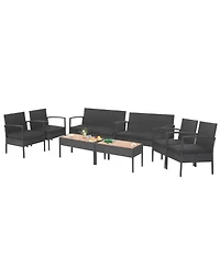 Gymax 8PCS Rattan Patio Conversation Furniture Set Outdoor Sofa Set w/ Black Cushions