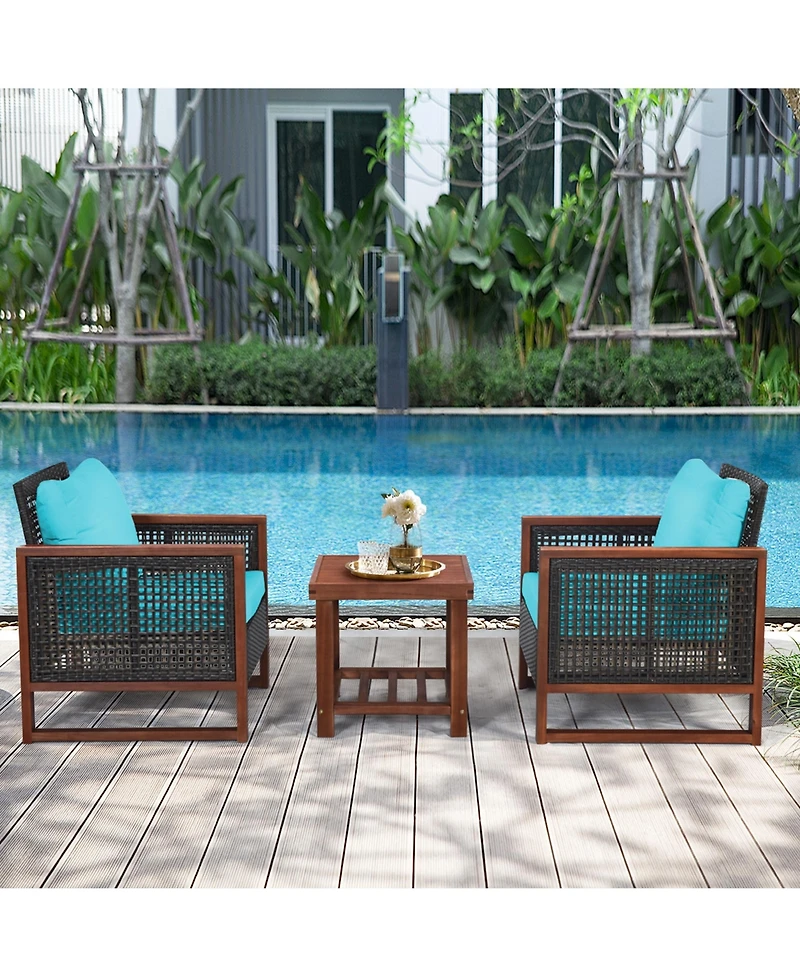 Gymax 3PCS Rattan Wicker Patio Conversation Set Outdoor Furniture Set w/ Turquoise Cushion