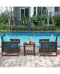 Gymax 3PCS Rattan Wicker Patio Conversation Set Outdoor Furniture Set w/ Turquoise Cushion