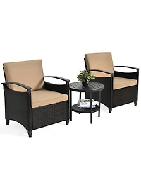 Gymax 3PCS Outdoor Wicker Bistro Set Patio Conversation Furniture Set w/ Cushions
