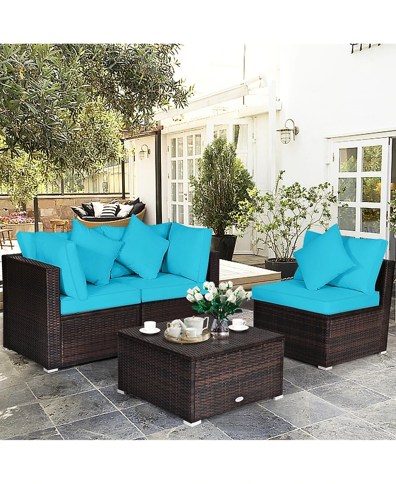 Gymax 4PCS Rattan Patio Conversation Furniture Set Yard Outdoor w/ Turquoise Cushion