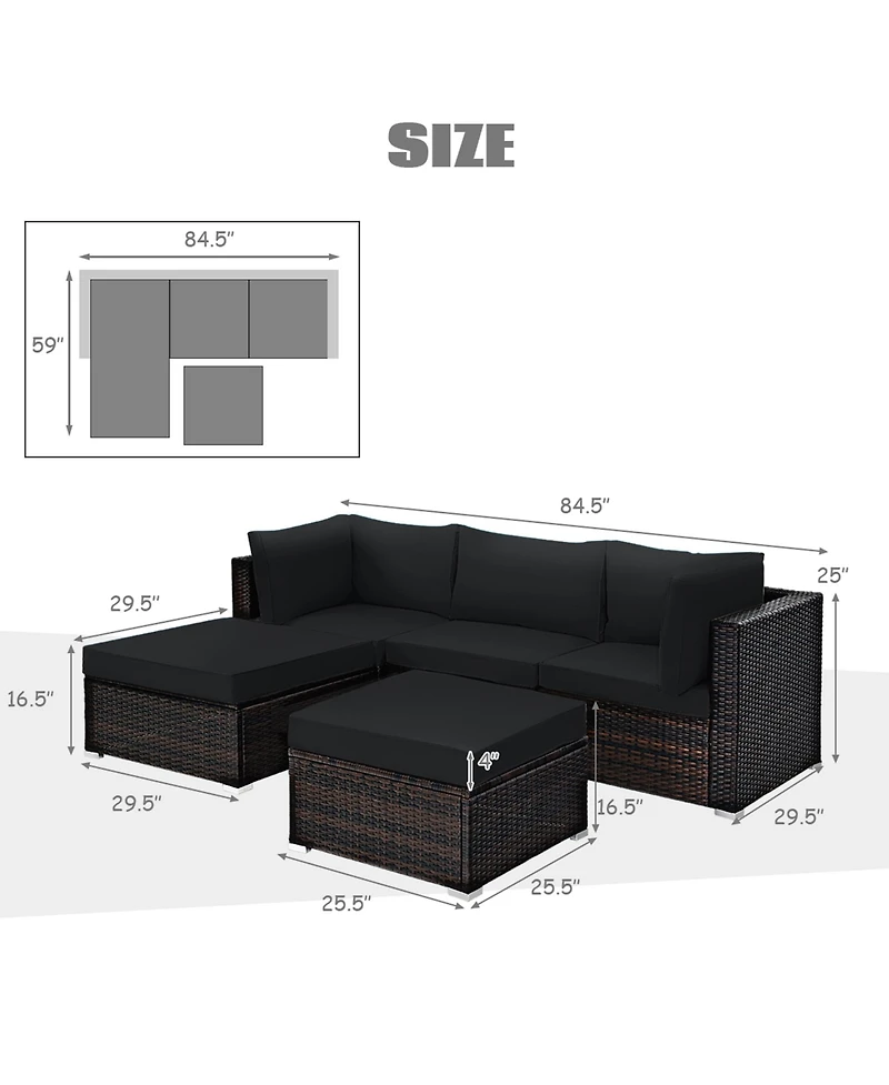 Gymax 5PCS Rattan Patio Conversation Set Outdoor Furniture Set w/ Black Cushions