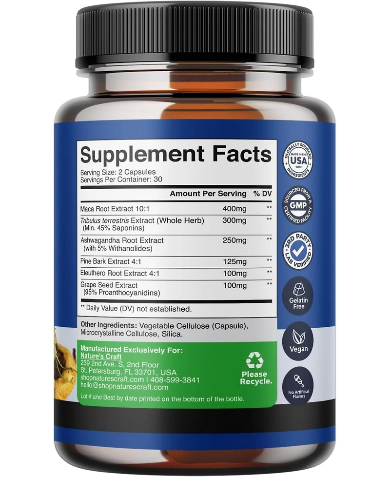 Maca Root Complex for Men | Herbal Supplement with Siberian Ginseng Ashwagandha & Black Maca Roots for Men's General Health | 60ct