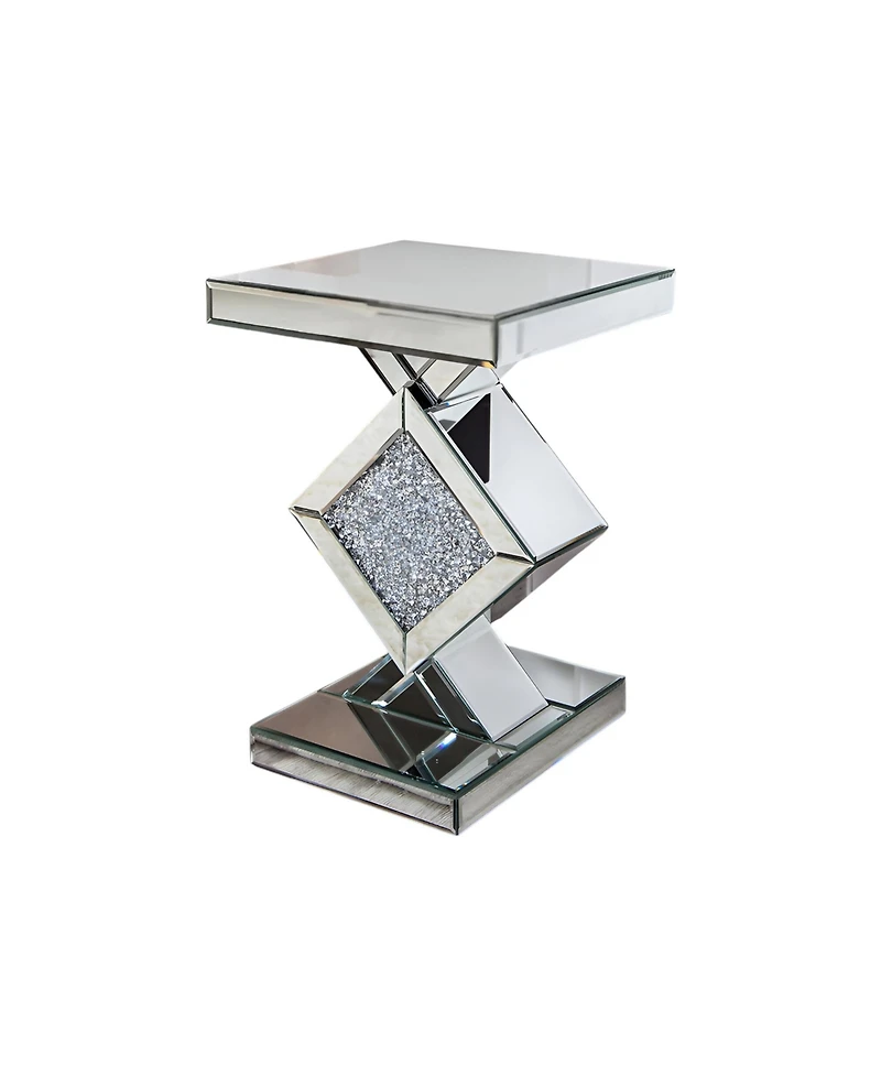 Mirrored Glass End Table with Faux Crystals for Living Room or Bedroom