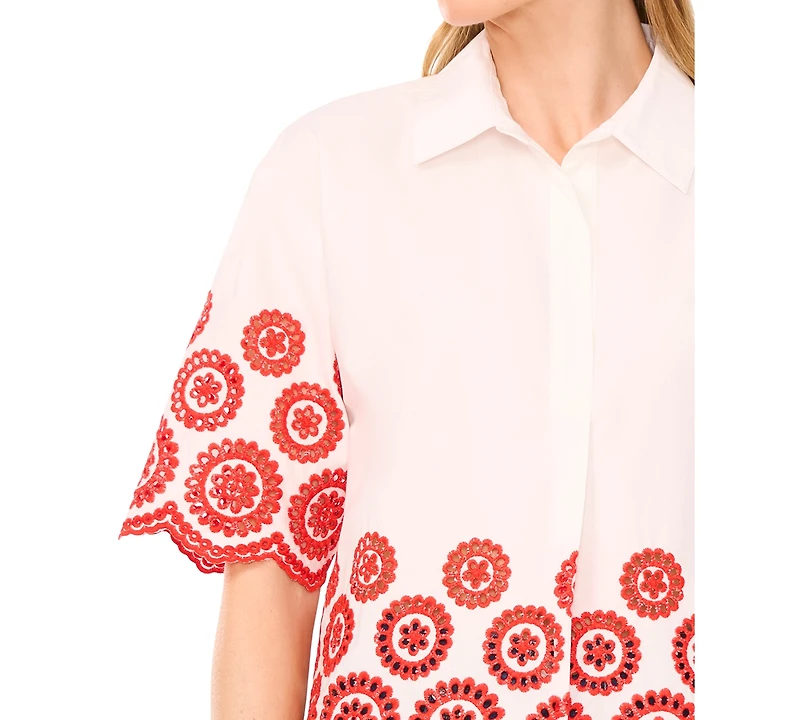 CeCe Women's Contrast Embroidered Cotton Collared Shirt