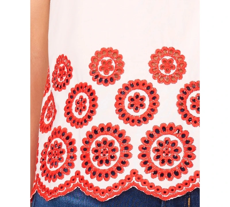 CeCe Women's Contrast Embroidered Cotton Cap-Sleeve Blouse