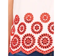 CeCe Women's Contrast Embroidered Cotton Cap-Sleeve Blouse