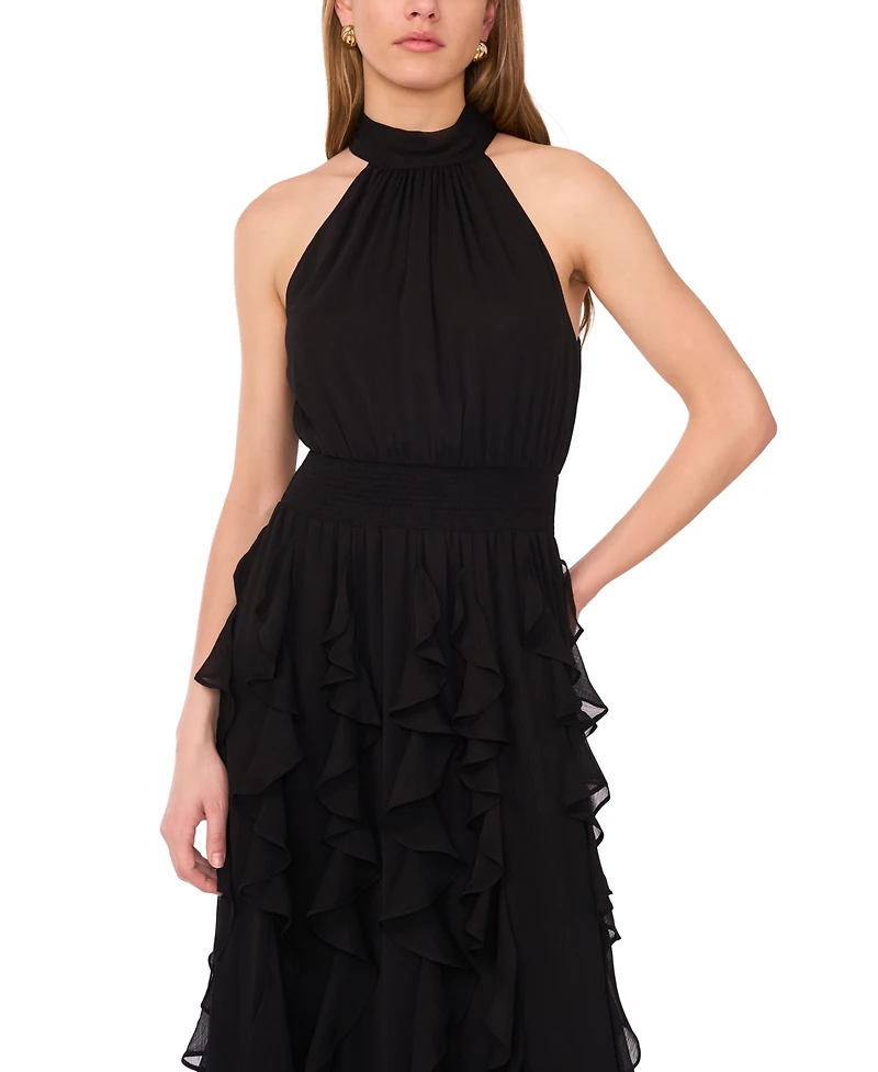 1.state Women's Smocked Cascade-Ruffle Halter Maxi Dress