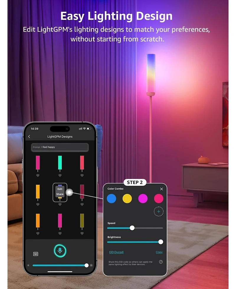 Lepro O1 Ai Smart Floor Lamp, 2300LM Led Standing Lamp App/WiFi Control, Alexa/Google Assistant Enabled, Modern Floor Lamp with Music Sync, Diy Mode,